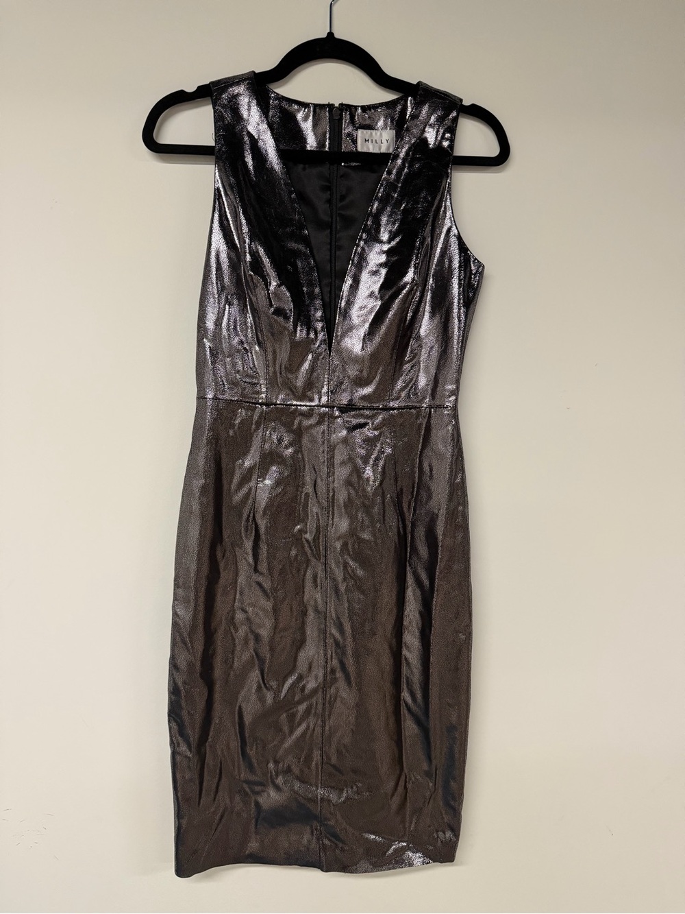 Milly Metallic Silver Leather Plunge Sheath Dress Structured Cocktail Dress